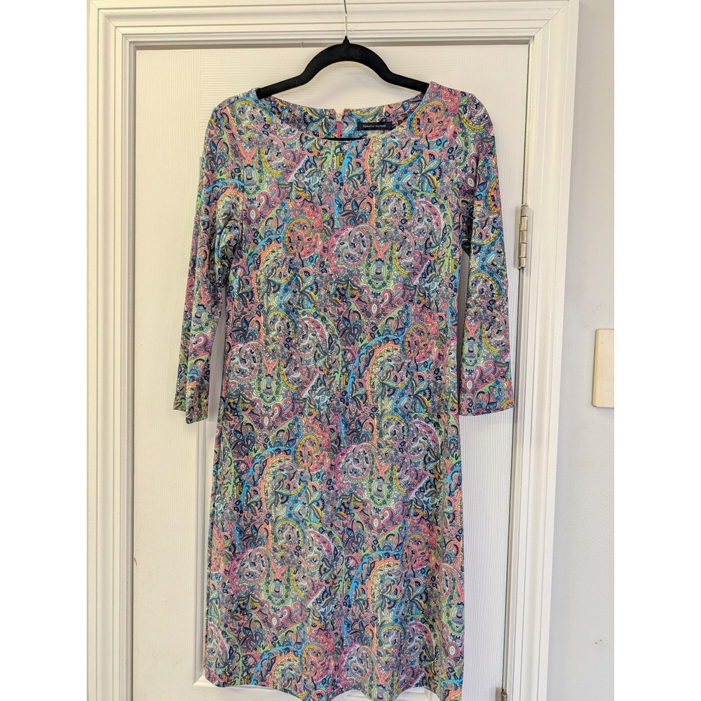 Tommy Hilfiger Retro Pink Blue Paisley 3/4 Sleeve Sheath Dress Size 6 Zip Back